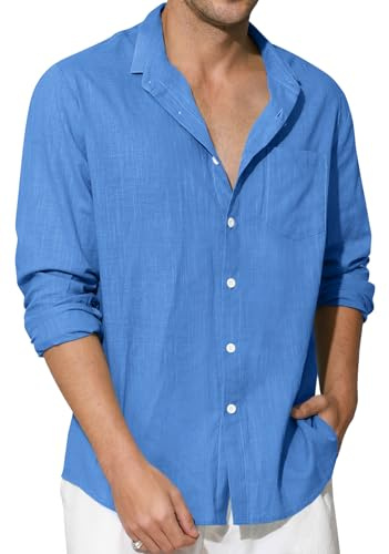 Enlision Camisas Lino Hombre Manga Larga Verano Camisa Azul Real para Hombres de Algodon Cuello Mao Casual Henley Shirts Elegantes Playa Boda M