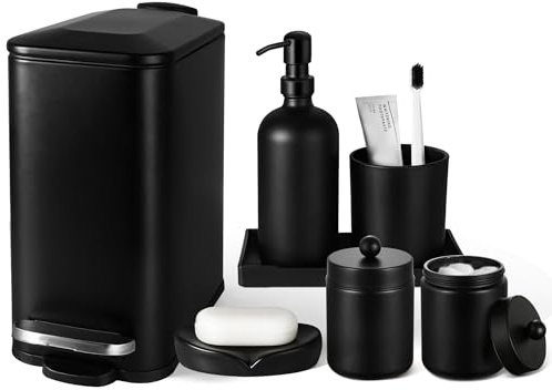 Black Bathroom Accessories Set, 7 Pcs Matte Black Bathroom Accessory Set with Trash Can, Soap Dispenser, Toothbrush Holder, Soap Dish, Vanity Tray, Qtip Holder, Modern Bathroom Sets Complete Decor