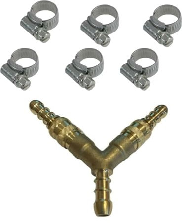 Giunto sdoppiatore per tubo del gas a sgancio rapido a 3 vie per tubo propano/butano da 8 mm + 6 clip