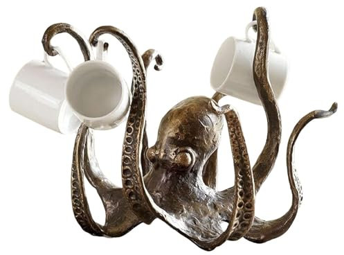 ARSBORUI Vintage Oktopus Tassenhalter mit 8 Haken, Octopus Kaffeebecherhalter Harz Oktopus Statue Oktopus Tassenständer Becherhalter lustiger Schmuckhalter Desktop Heimdekoration