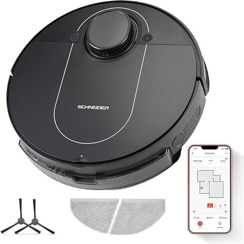SCHNEIDER SCVC23LVIB, Aspirateur Robot Laveur connecté, Navigation Laser, Lingettes vibrantes, 3h d'autonomie, 2 Vitesses, Puissante Aspiration, Filtre hepa, 64dB, Base de Chargement