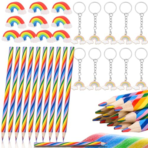 Fzyisw Lot de 36 crayons arc-en-ciel 4 en 1 pour fête d'enfants, crayons de couleur, gommes et porte-clés arc-en-ciel