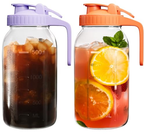 VA1KENE | 2 Pack | 64oz | Glass Mason Jar Pitcher with Lid and Spout, 2 Quart (1.9 Liter) Airtight Glass Water Jug Wide Mouth for Juice, Sun Tea, Iced Coffee, Milk Storage, Purple & Orange