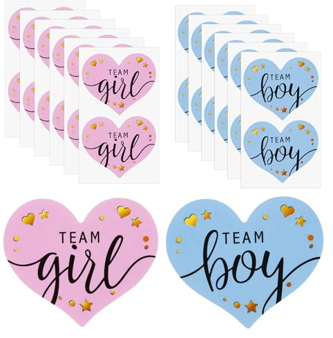 Dokeno Género Revela Pegatina, 100Pcs Team Boy & Team Girl Pegatinas de etiquetas de género, Azul y Rosa Pegatinas de género de bebé para Baby Shower Decoración (corazón)