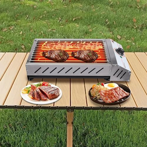 Elektrogrill Tischgrill, Edelstahl Elektrogrill mit Kontrollleuchte 2500W 220V, für Drinnen und Draußen, Einstellbare Temperatur 50-300°C, Große Grillfläche, 54.2 * 28 * 12cm
