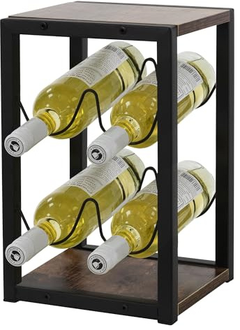 ML-Design Casier à Vin Range Bouteilles, 24x21x37,5cm, Vintage, Casier pour 4 Bouteilles, en Bois et Métal, Petit Porte-Bouteilles Autoportant, Décoration Rétro Porte-Vin pour Bar, Armoire de Cuisine