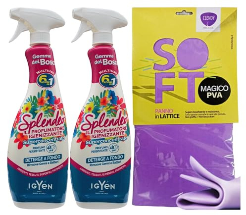 Detergente Multiuso Spray, Il Profumatore Igienizzante Superconcentrato, GEMME DEL BOSCO. Deterge a Fondo, Rimuove Germi e Batteri, 48h di Pulito Profumato 750ml (2 Spray) + Panno In Lattice SOFT