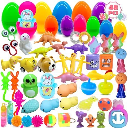 Edmirfun Lot de 48 œufs de Pâques pré-remplis avec œufs des œufs de Pâques en colorés plastique pour le panier de Pâques,Oeufs de Chasse/Remplisseurs pour Pâques enfants/bebe,cadeaux de fête de Pâques