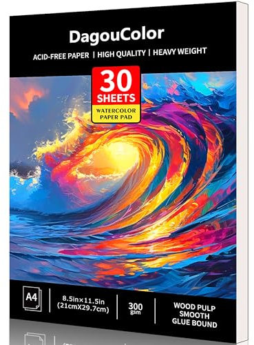 DagouColor Aquarell Papier Pad, A4, 1 Pack, 30 Blätter Säurefreie Kunst Zeichnungspapier, 300gsm für Künstler, Erwachsene, Kinder, Jungen, Mädchen