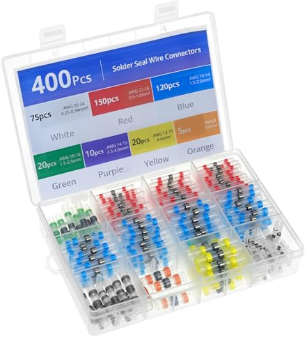 QWORK® 400Pcs Connecteurs de Soudure Étanches en 7 Tailles (26-8 AWG) - Cosses Thermorétractables 3:1, Isolés et Colorés pour Identification Facile, Idéal pour Automobiles et Navires