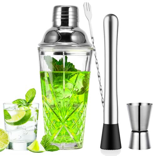 Juego de 4 cocteleras, 400 ml, con vaso medidor, varilla y apisonador, juego de barman premium para principiantes y profesionales