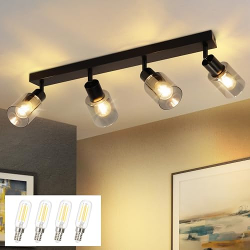 Kowanie Deckenstrahler 4 flammig Vintage: Deckenleuchte Schwarz Spots Deckenlampe Wohnzimmer Industrial Küchenlampe aus Glas und Metall 350°Schwenkbar für Küche inkl. 4 × E14 2700K Leuchtmittel
