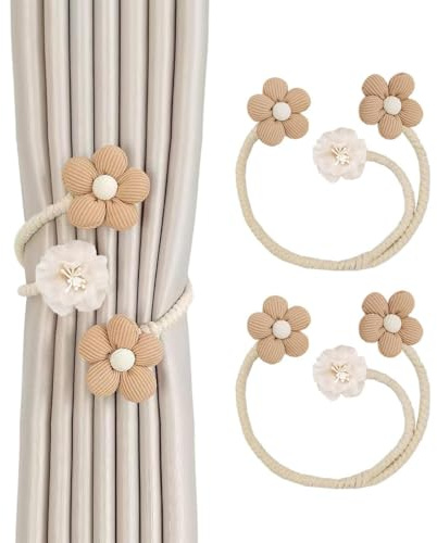 PYEUIFT 2 Pezzi Fermatende, Fermagli per Corda per Tende Regolabile, Corda per Tende, Fermatende Lavorati a Mano, Fermatende Floreali, Fermatende Decorativi Boho