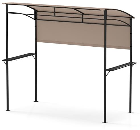 TANGZON BBQ Shelter, Outdoor Grill Gazebo Canopy with Side Shelf & 5 Hooks, Flame-Resistant Metal Frame Barbecue Awning Shelter Tent for Garden Patio Party (Brown, 239 x 108cm, with Extra Shadow)