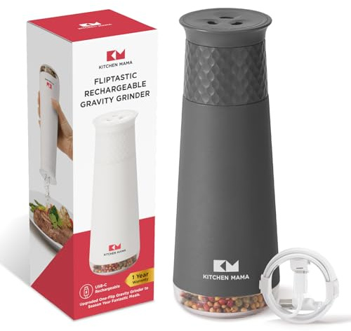 Kitchen Mama Rechargeable Gravity Salt and Pepper Grinder: Adjustable Coarseness, Refillable, Electric One-Hand Operated, Lightweight Spice Shaker Dispenser (Metal Gray)