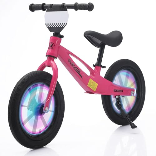 GASLIKE 14 Zoll Laufrad für Kinder 3–7 Jahre, mit blinkenden Radnaben, Magnesium Rahmen, Höhenverstellbarer Sitz, Robustes Kinderfahrrad ohne Pedale für Jungen und Mädchen (Dunkelrosa)