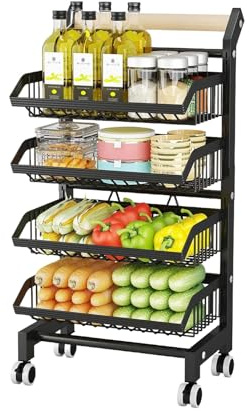 Panier de rangement de légumes réglable à 4 niveaux, panier de rangement amovible avec roulettes, cadre de rangement pour fruits et légumes, étagère de rangement pour cuisine, garde-manger