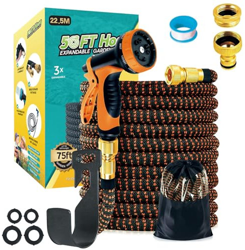 Funnity Tubo Acqua Giardino 22.5 metri, Tubo Per Acqua In Lattice A 3 Strati Resistente, Senza Pieghe, Spray A 10 Funzioni, Estensibile da Giardino Flessibile con Adattatore da 1/2 e 3/4