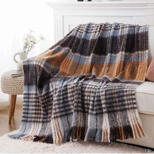 BATTILO Plaid Throw Blanket for Couch Bed, Soft Mohair Tartan Plaid Blanket, Farmhouse Style Checkered Pattern, Bluish Grey Throw Blankets for Home Decor(50x60)