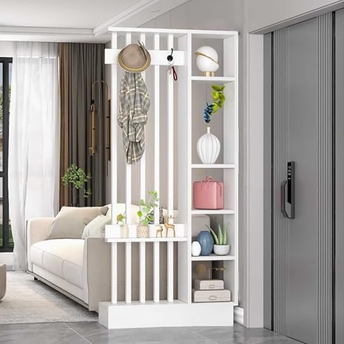 Wand-Raumteiler, bodenstehende Trennwand-Säule für Eingangsbereich, mit Garderobenschrank und Ausstellungsregal, Holz-Sichtschutz, Raumteiler-Säule, bodenstehende Wandpfeiler(White+White,80cm/31.5in)