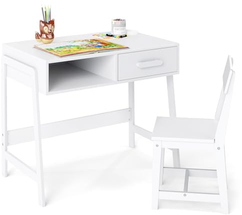 GOPLUS Bureau Fille Garçon 3+ Ans, Table Enfant avec Chaise Ergonomique, Table d'Étude en Bois avec Tiroir, Bureau Enfant avec Rangment pour Chambre et Salle d'Étude, Charge 75/55 KG (Blanc)
