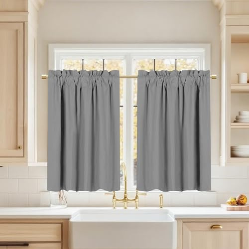 BTTO Rideau Occultant Court Passe Tringle, Lot de 2 Thermique Petit Rideau sous Evier, Moderne Decoration pour Petites Fenêtres de Cuisine, Porte Placard, Gris, L85 x H76cm