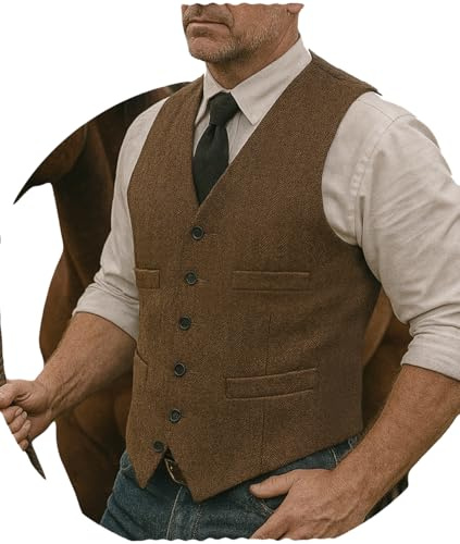 YYFew Hunting Mens Herringbone Vests Western Tweed Waistcoats Cowboy Vest for Men Vintage Casual Brown-L