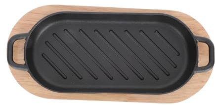 NOLITOY Steakplatte Gusseisen Antihaftbeschichtet 22x11cm Für Grill Und Herd Mit Holzunterlage Rechteckige Japanische Grillplatte Für Fisch Und Steakgerichte