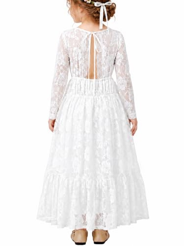 ALLVOIN Toddler & Girls Long Sleeve Lace Flower Girl Dress Maxi Boho A-Line Dress for Wedding Baptism 1st Communion Party 3-12Y | White | 3-4Y