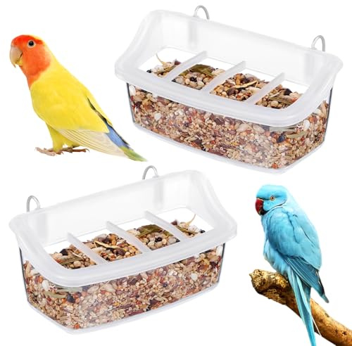 2 Pack Bird Cage Feeder Transparent Parakeet Food Dispenser with Hooks Water Dispenser for Small Parakeet Cockatiel Canary Budgie Parrot Home