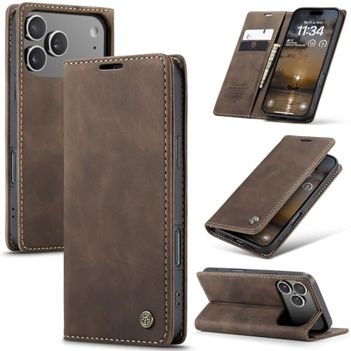 Cracedily Skal för iPhone 17 Pro Case, Läderfodral Plånbok Skal, [TPU-skal] [Kortplatser] [Kickstand] stöttåligt folio flipfodral Wallet Leather Cover för iPhone 17 Pro, Brun