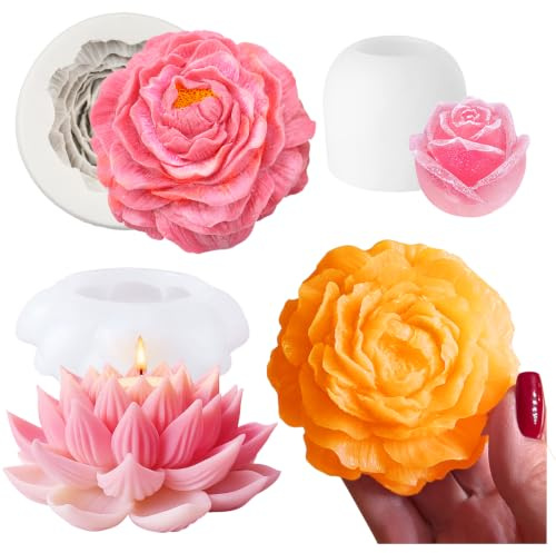 Asaisimg 3 Stück 3D Blumenkerzenformen, Lotus Pfingstrose Rose Silikonform für Duftkerzen, Seifenherstellung, DIY Gips, Harz, Epoxid, Zement, Wohnkultur