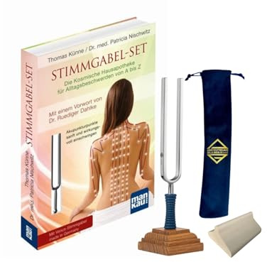 Barthelmes Stimmgabel, Venus-Stimmgabel (221,23 Hz) Set, Kosmische Hausapotheke Buch, inkl. Anschlaghilfe, Stimmgabel-Ständer aus Holz, Samtbeutel, Klangtherapie, Phonophorese, Made in Germany