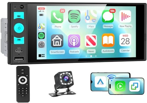 Hodozzy 1 DIN Radio Coche con CarPlay Android Auto Mirror Link Inalámbrico, Pantalla Táctil Incell de 6 Pulgadas Reproductor MP5 con Bluetooth 5.2, Radio FM, EQ, Control en el Volante, USB/Tipo C