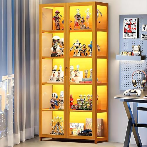 5-stöckige Vitrine Stehend, Curio-SchräNke, Bücherschrank mit Türen, Transparente Acryltüren,Sammlervitrine für Wohnzimmer, Büro, Bücher, Spielzimmer, Schwarz (80 x 32 x 165cm) (Braune DoppeltÃür)