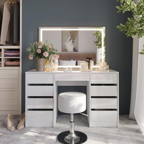 Vicco Schminktisch Sherry, Weiß/Weiß Hochglanz, 128.2 cm | mit LED-Spiegel und Hocker, mit seitlicher Ablagefläche und höhenverstellbarem Hocker