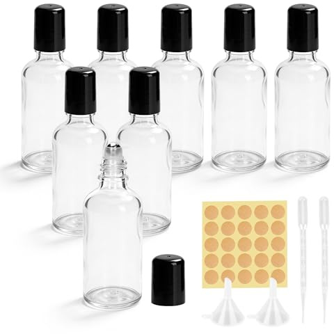 WeeGoo 8 Pcs 50ml Glass Roller Ball Bottle, Clear Roll on Bottler | Refillable, with Droppers, Stickers and Funnels, for Liquid Perfume DIY