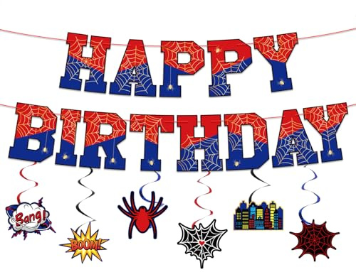 Set de Decoración Cumpleaños con Temática Arañas, Incluye Telaraña Preensartada Banderín de Feliz Cumpleaños Etiquetas en Espiral y Cuerdas Ideal para Baby Showers y Fiestas Infantiles