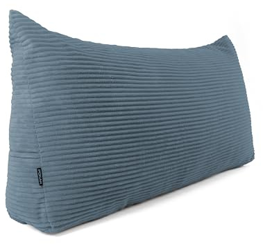 POKAR Rückenkissen | Cord Keilkissen 140x50x20 cm | Lesekissen für Bett und Sofa | Sofakissen für Rückenlehne | Groß Wandkissen Couchkissen mit Seitentaschen | Oeko Tex 100 Zertifiziert | Blau