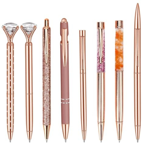 MOTIBACK 8 Stück Kugelschreiber Roségold Metall mit Diamant und Glitzer, Edle Stifte Set Schwarze Tinte, Ästhetische Schreibwaren für Büro Hochzeit Gastgeschenke und Schule