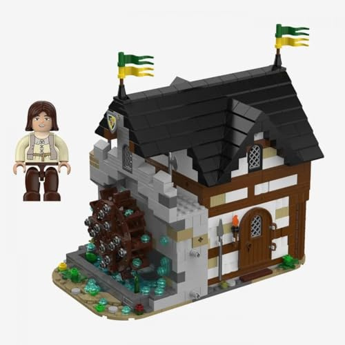 BlueBrixx Burg Bärenfels Wassermühle, 916 Klemmbausteine, Mittelalter | Drehbares Wasserrad, mechanischer Mühlstein, abnehmbare Dächer, eine Minifigur, 240 x 151 x 212 mm, ab 10 Jahren, 109182