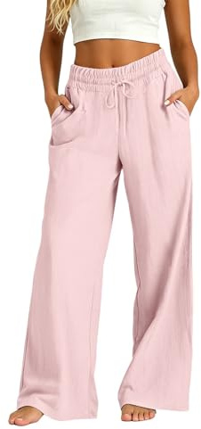 Pantalon Fluide Femme Été - Pantalon Lin Femme, De Détente À Jambes Large Taille Haute Décontracté Pants Elegant avec Poches Pantalons Elastique Chic Et Couleur Unie Lâche Respirant pour La Plage