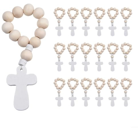 Eawfgtuw Handgefertigter Rosenkranz aus Holz mit Kreuzanhänger, Naturholzperlen für katholische Taufe und Taufe, tragbares christliches Gebetsperlen-Set, religiös, spirituell