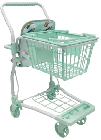 Roma Rupert Dolls Toy Shopping Trolley for Kids Toys - 67cm Height, Removable Basket, Baby Doll Seat, Collapsible Metal Frame, Swivel Wheel, Lightweight, Green - Ideal