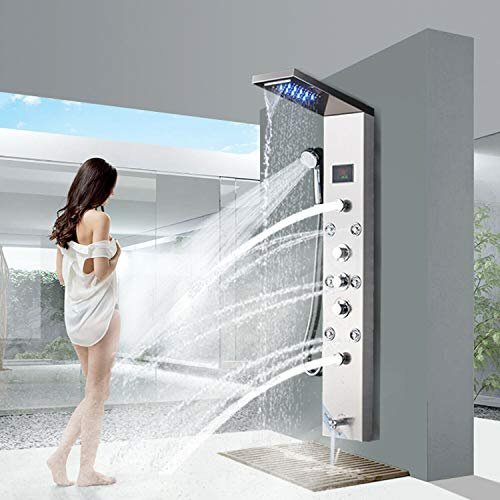 Wall Mounted Bathroom Shower Panel Tower SystemMuti-Function with LED Waterfall/Rainfall Head Massage Jets Tub Spout Handheld Hand Shower Split Shower Towel Brushed Nickel High- End Design