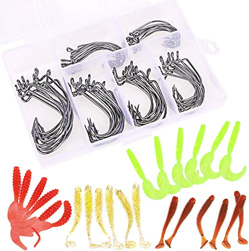 60Pcs Boîte Hameçons, 6 Taille Acier à Haute Teneur en Carbone Crochets Décalés de Pêche Convient à Leurres Souples Leurre Soft Baits Lures Offset Hooks, avec Boîte de Pêche Ensemble