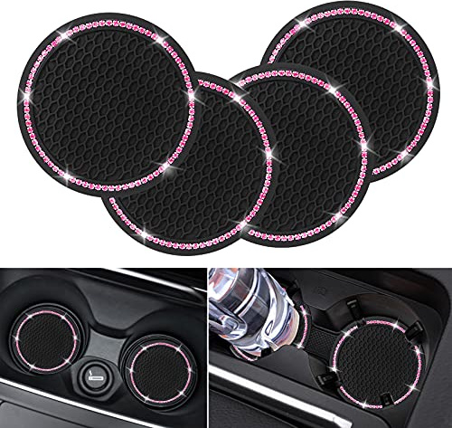 4 Pack Car Coasters, Universal Vehicle Bling Car Coaster, Cute Rhinestone Coaster for Cup Holders,Interior Accessories 2.75'' Silicone Anti Slip Car Coasters for Women (Pink Crystal Circle)