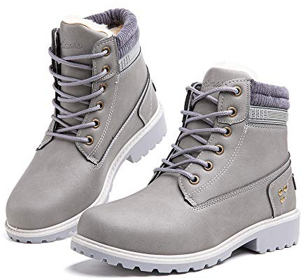 Hitmars Botte Femme Hiver Fourrure Chaussures de Hiver Doublure Chaude PU Vamp Bottine Neige Classiques a Lacet Plates 3.2 CM3 Gris Taille 40 EU