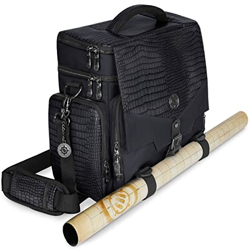 ENHANCE Tabletop RPG-Tasche des Abenteurers, Sammleredition - DND-Tasche mit Tabletop-Miniaturen-Aufbewahrung, Mattenhalter, DND-Würfel- und Token-Taschen, passend für 4-8 Bücher (Drachen Schwarz)