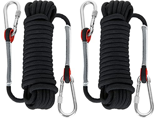 LOLYSIC 2Pcs 10mm x 10M Black Rope, Multifunctional Nylon Ropes with Carabiners, Hanging Rope String for Outdoor & Indoor Bundling, Clothesline, Camping, Hiking, Fishing